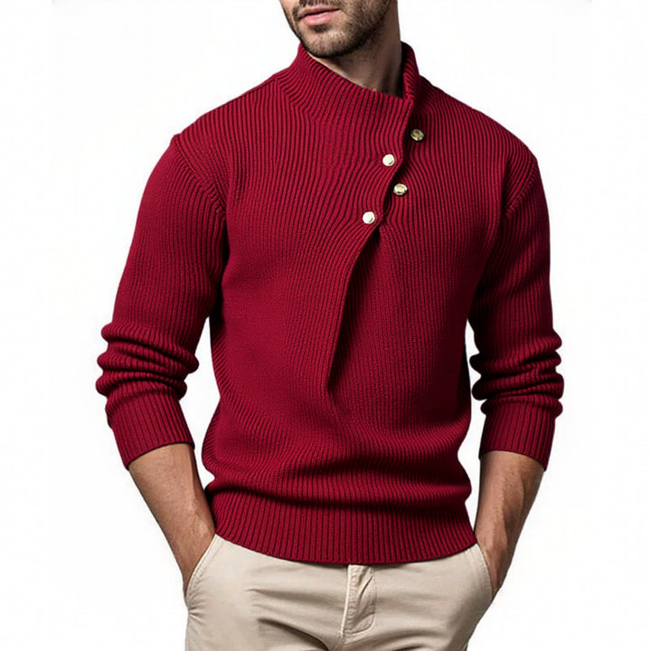Men's fashionable knit sweater with stand-up collar and asymmetrical button placket Lisslune