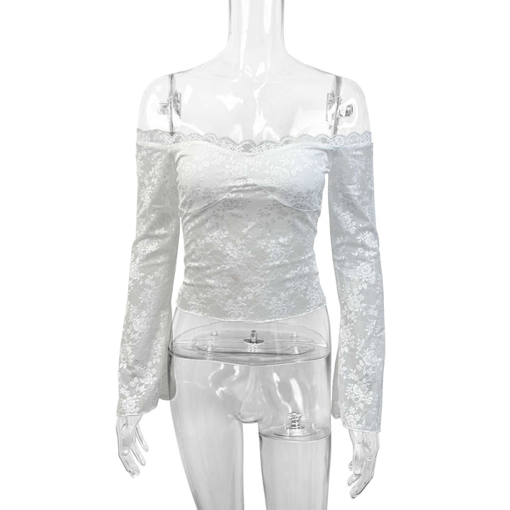 Damen Spitzenoberteil mit schulterfreiem Design und eleganten Trompetenärmeln Lisslune