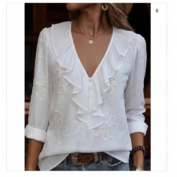 Damen elegante Bluse mit Volant und floralem Stickmuster Lisslune