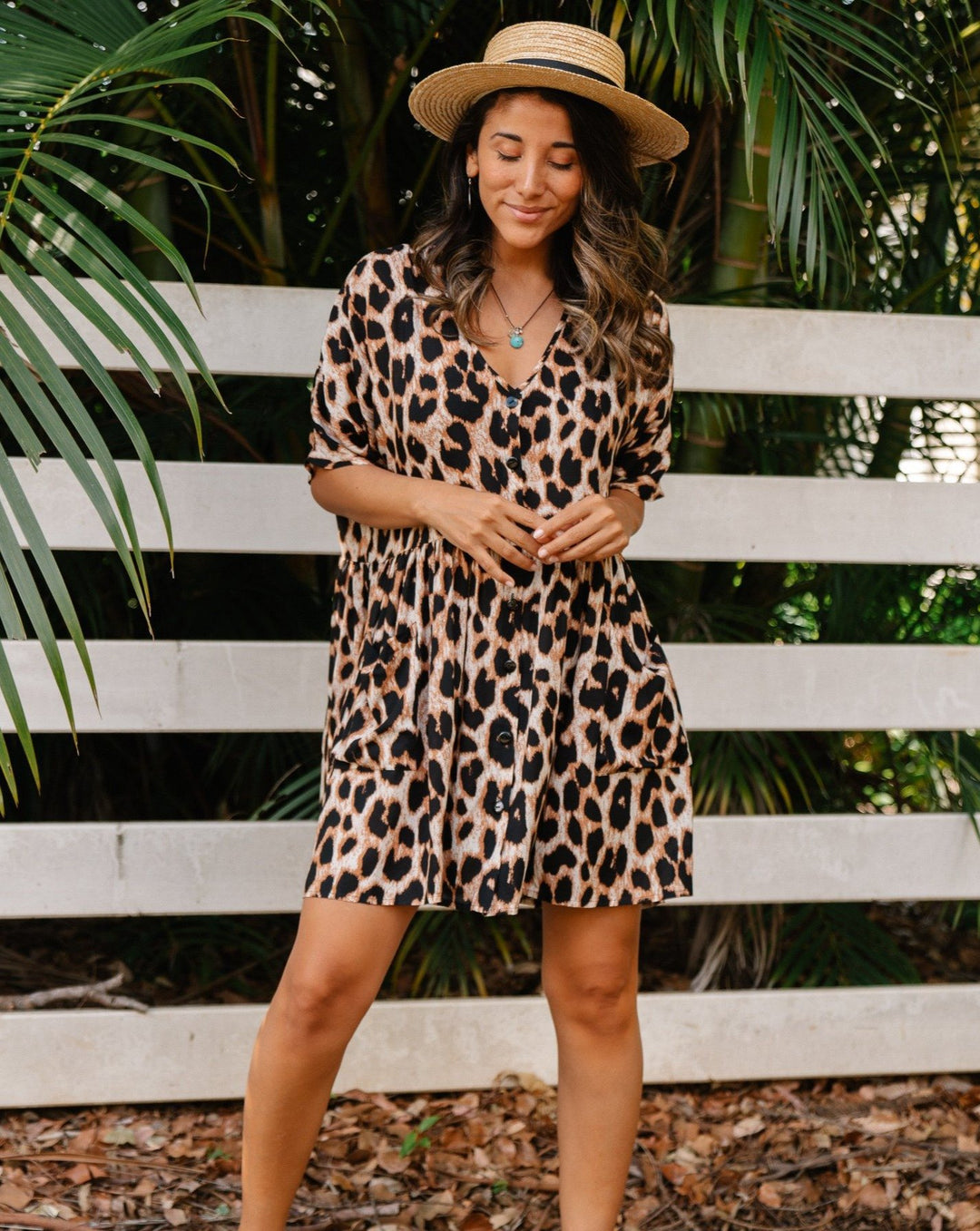 Women’s animal print shirt dress with short sleeves and button placket Lune London