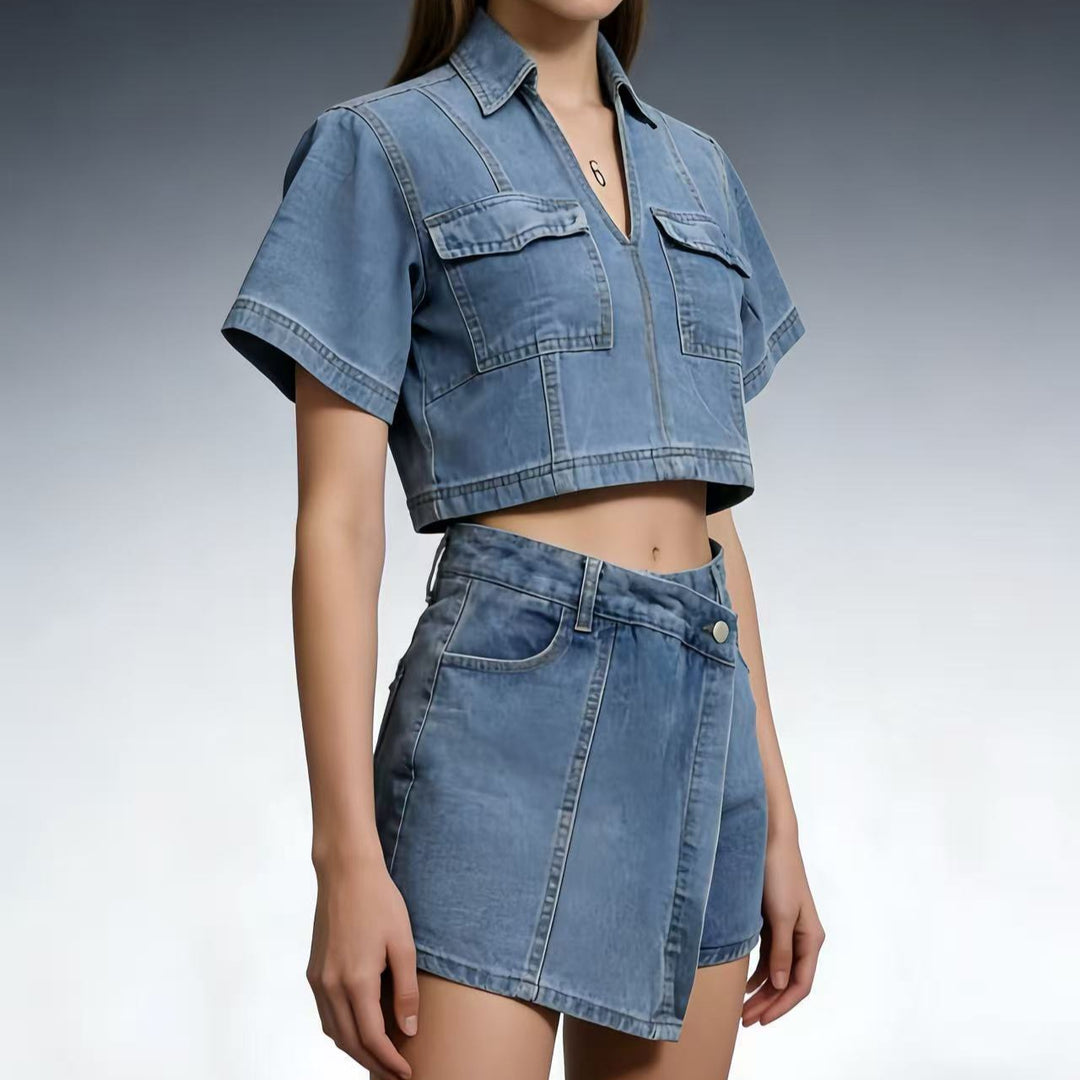 Women's fashionable cropped shirt with patch pockets and casual shorts Lisslune
