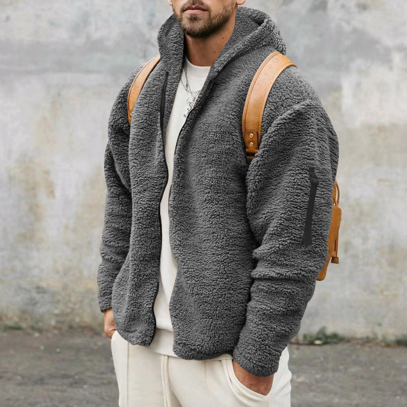 Men's fleece long jacket with hood and practical pockets Lisslune