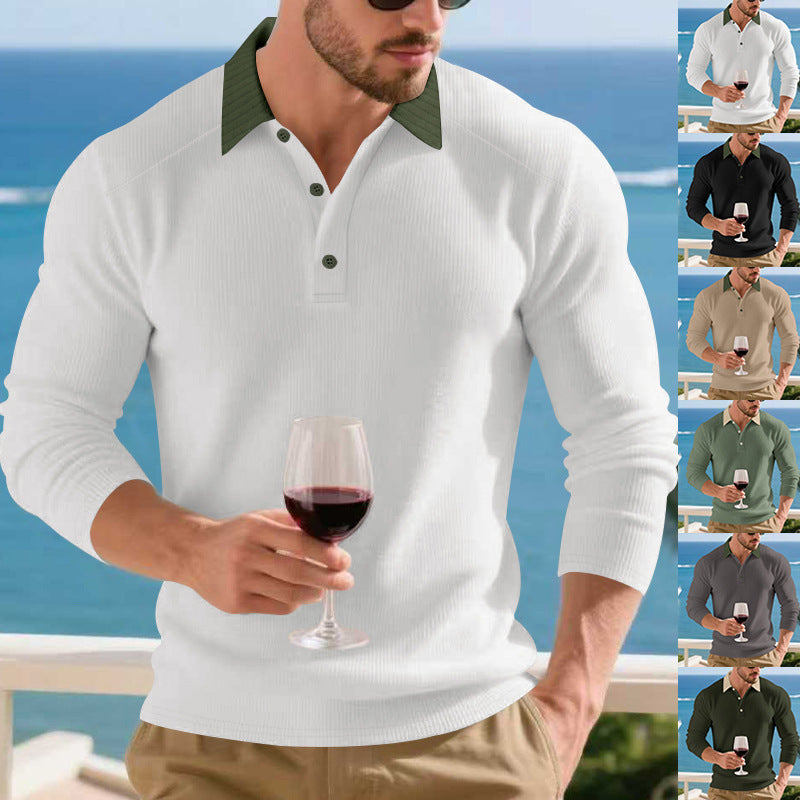 Men's Long Sleeve Polo Shirt with Textured Design and Elegant Button Placket Lisslune