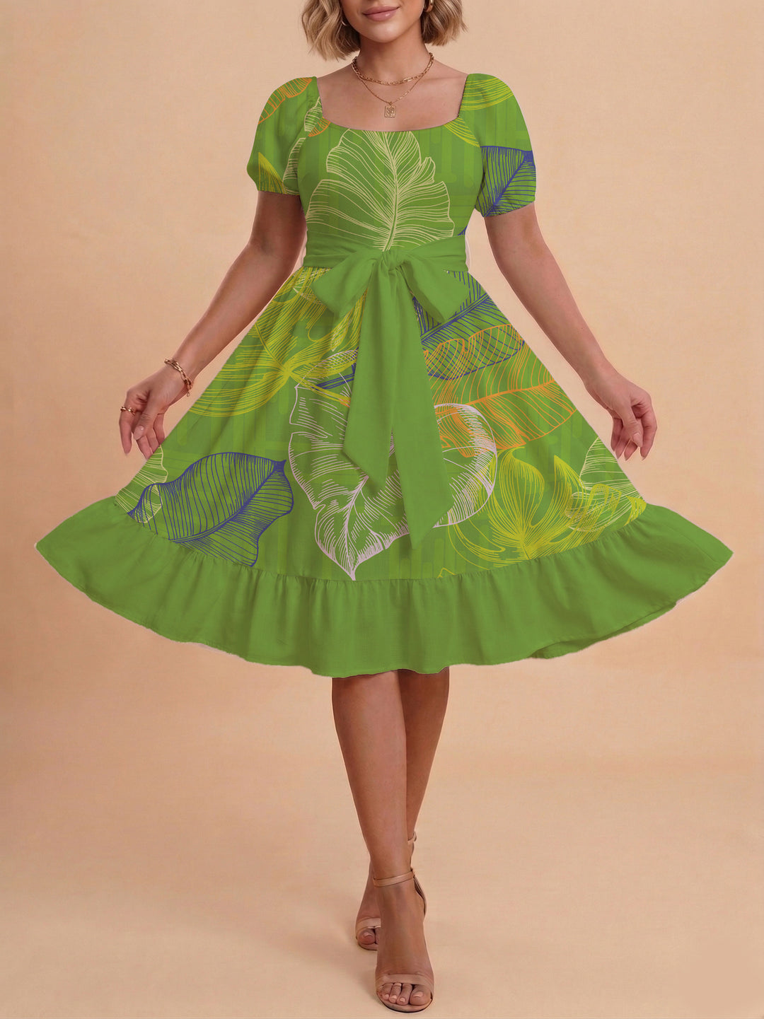 Women A-line dress with floral motifs and adjustable belt Lisslune