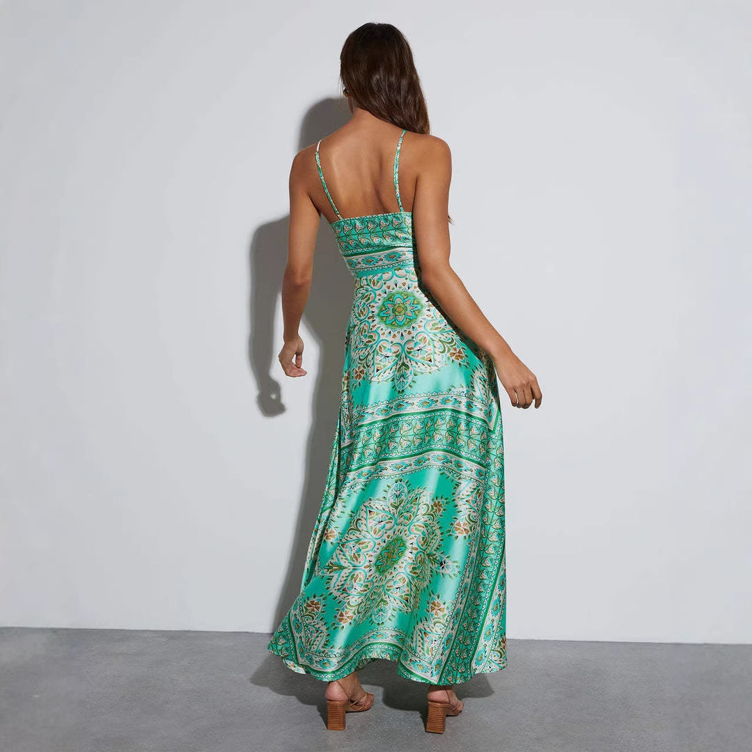 Women's maxi dress with playful floral design and flared skirt