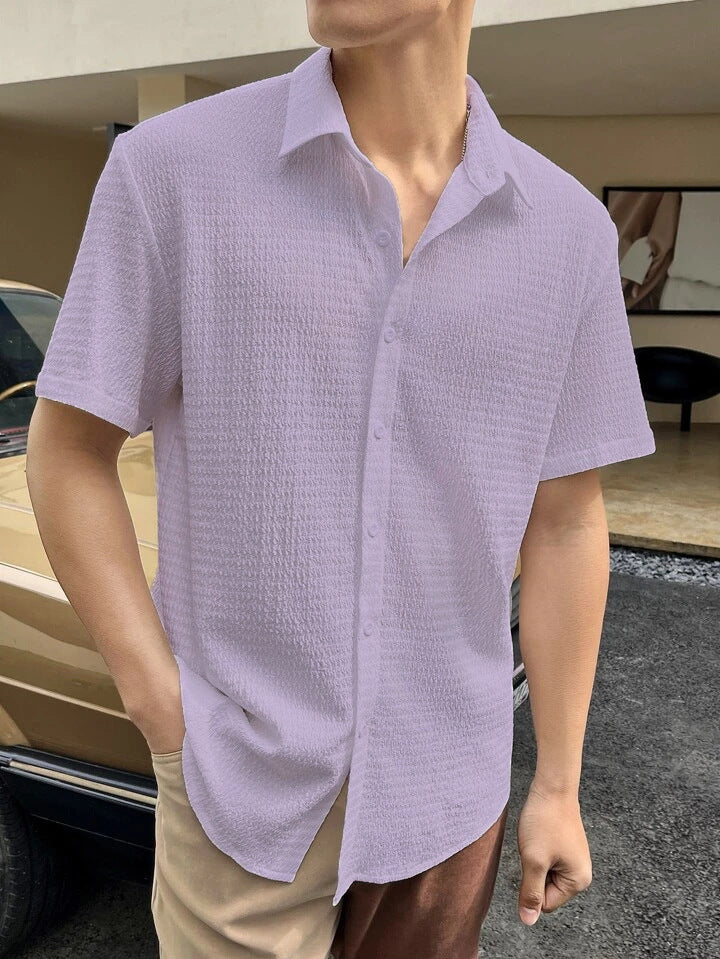 Men's short-sleeve shirt with textured fabric and fashionable collar Lisslune
