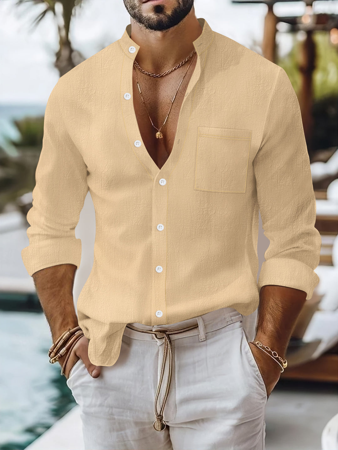 Men's summer long-sleeve shirt with a modern stand-up collar and practical breast pocket Lisslune