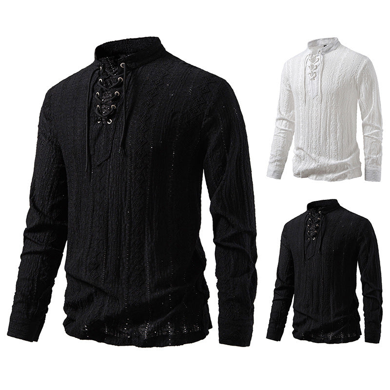 Men's Long-Sleeve Shirt with Creative Lacing Design Lisslune