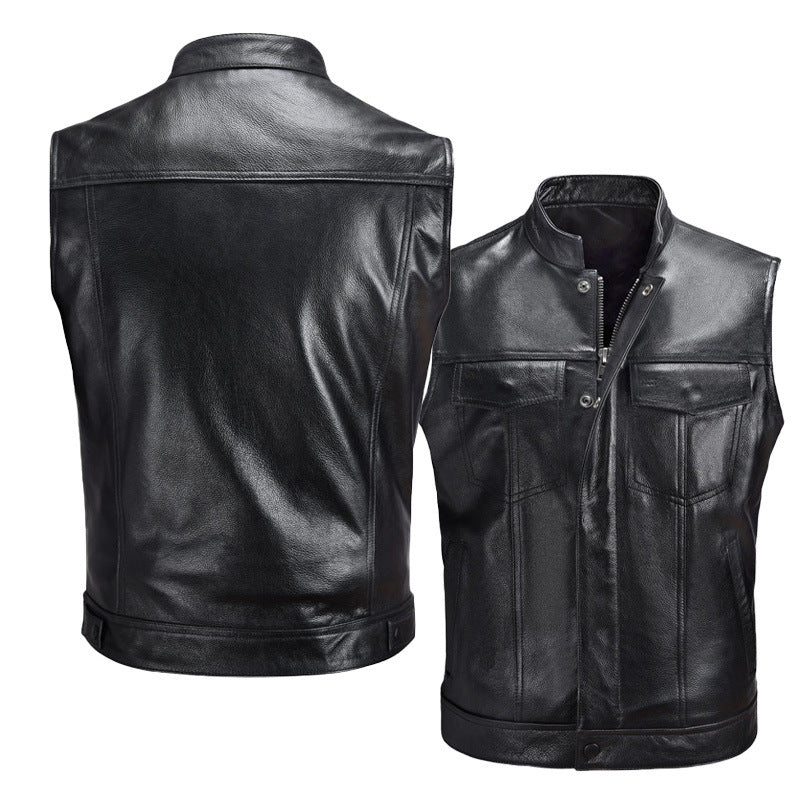 Men's elegant leather vest with practical pockets and stand-up collar Lisslune
