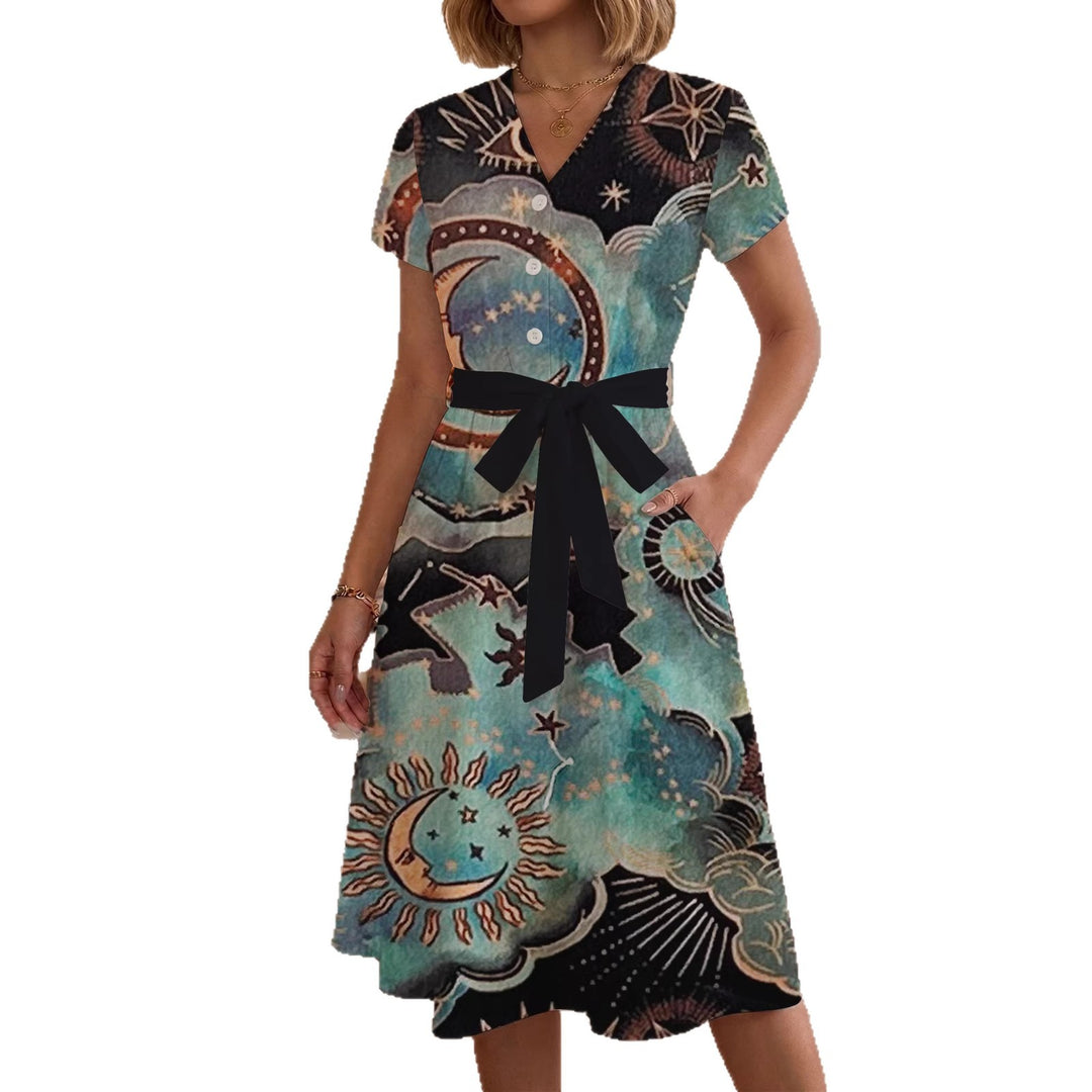 Women's Blooming Midi Dress with Adjustable Belt and Artistic Print Lisslune