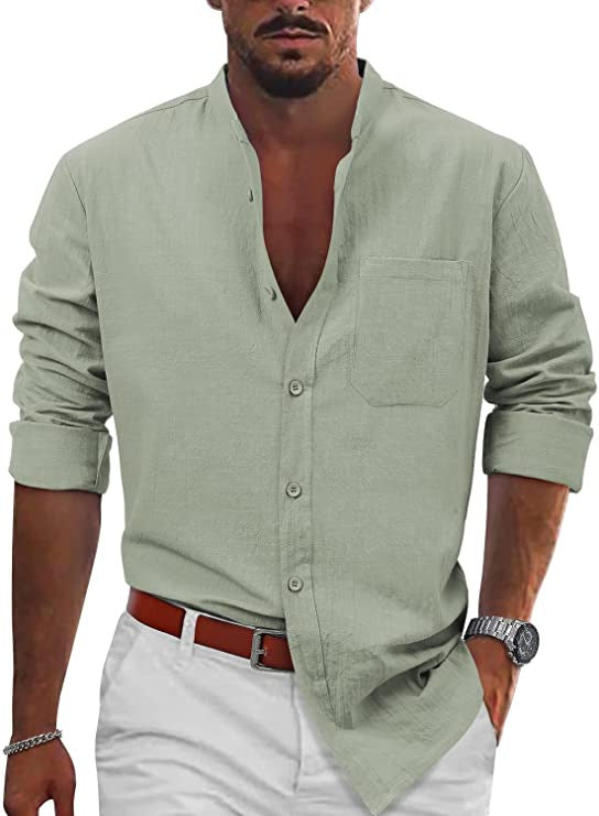 Men's casual linen shirt with classic V-neck and chest pocket Lisslune