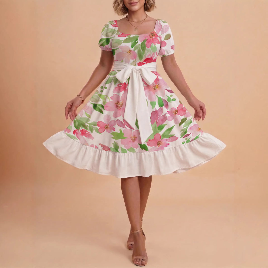Women A-line dress with floral motifs and adjustable belt Lisslune