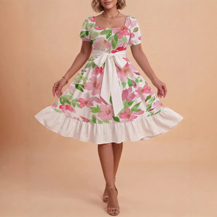 Women A-line dress with floral motifs and adjustable belt Lisslune