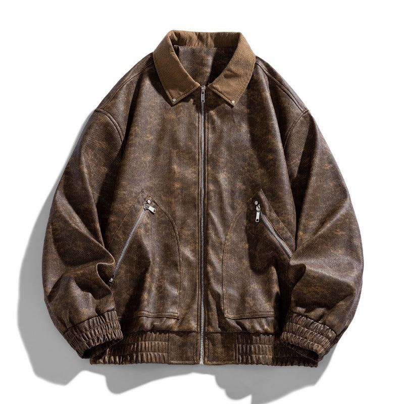 Men's fashionable synthetic leather jacket with stylish stand-up collar and practical pockets Lisslune
