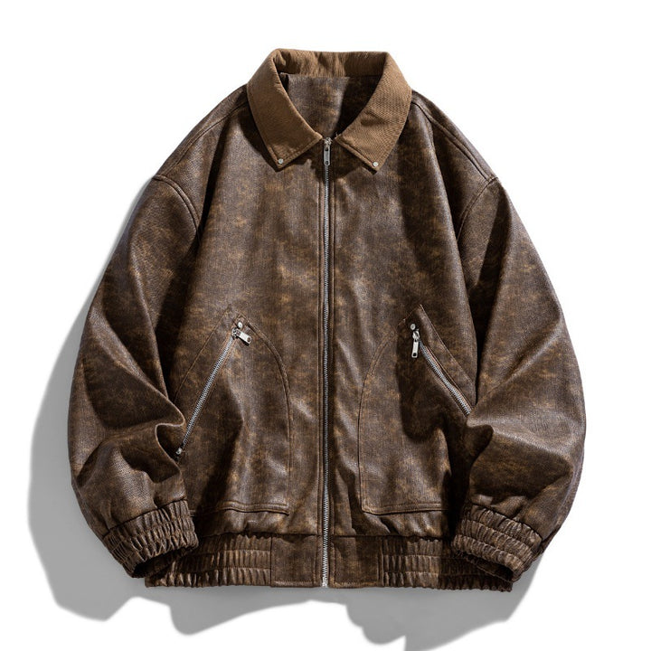 Men's fashionable synthetic leather jacket with stylish stand-up collar and practical pockets Lisslune