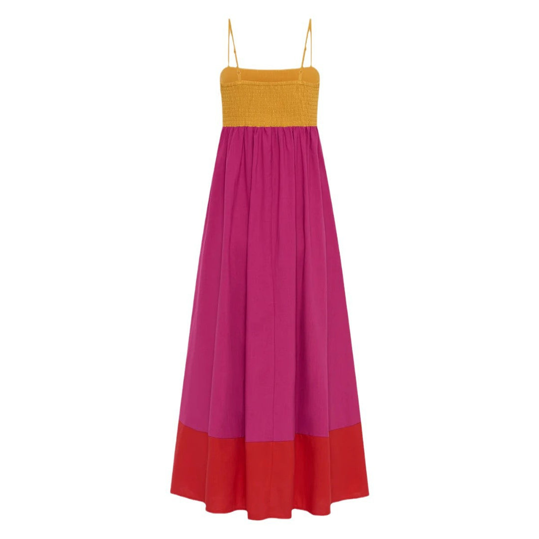 Women's Maxi Dress with Colorful Block Design and Adjustable Spaghetti Straps