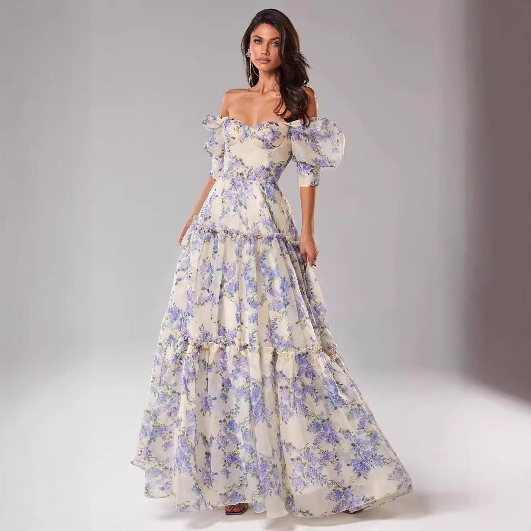 Women's Elegant Maxi Dress with Off-the-Shoulder Ruffle Sleeves and Floral Accents
