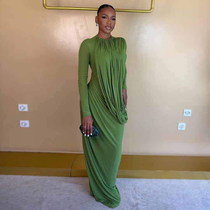 Ladies maxidress with innovative draping and figure-hugging cut
