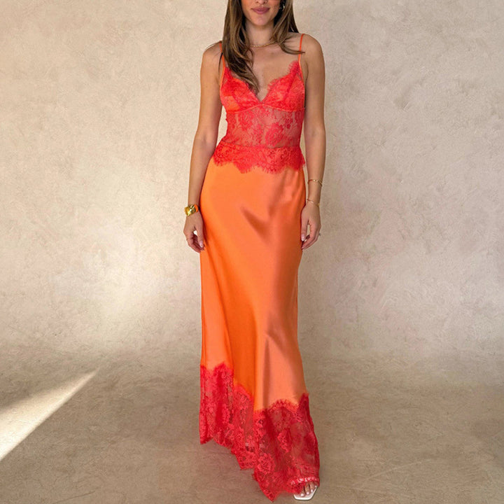 Damen Elegantes Nachtkleid mit transparentem Spitzeneinsatz und verstellbaren Trägern Lisslune