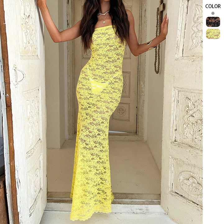 Women's Elegant Lace Maxi Dress with Fitted Silhouette and Off-the-Shoulder Design
