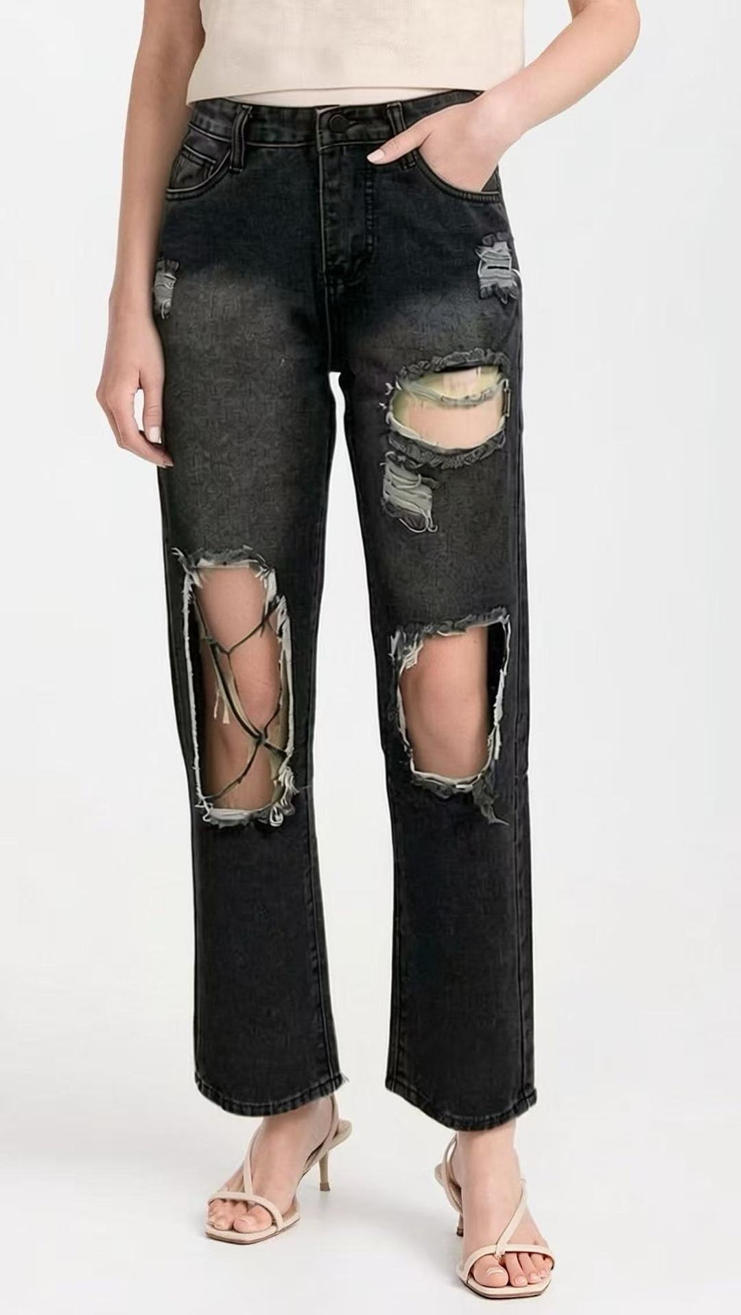 Women's distressed Mom Jeans with trendy cut-out details Lisslune