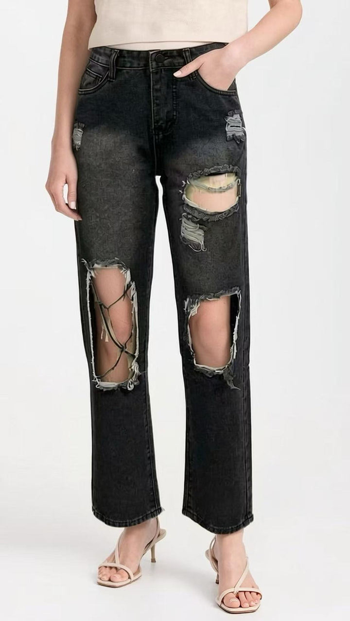 Women's distressed Mom Jeans with trendy cut-out details Lisslune
