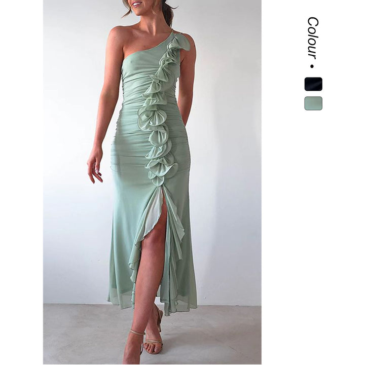 Women Elegant Ruffle Maxi Dress in the Style of a Side with High Slit Lune London