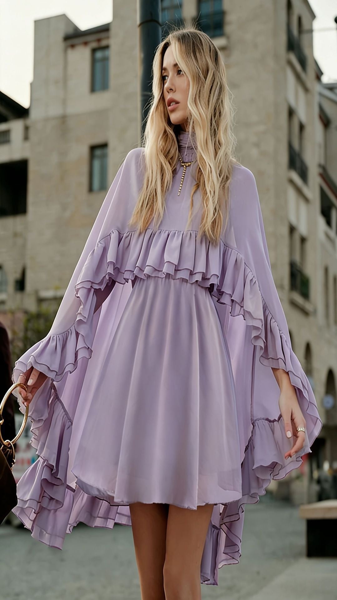 Damen Elegantes Rüschendress mit hochgeschlossenem Ausschnitt und fließendem Schnitt Lisslune