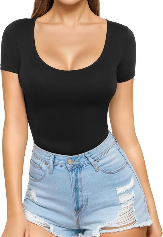 Damen figurbetontes Kurzarm-Body mit rundem Ausschnitt und nahtlosem Design Lisslune