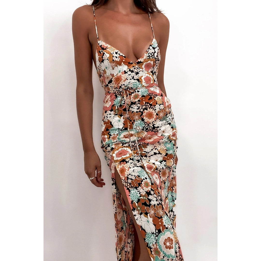 Women Chic Casual Dress with Deep Slit and Elegant V-Neck