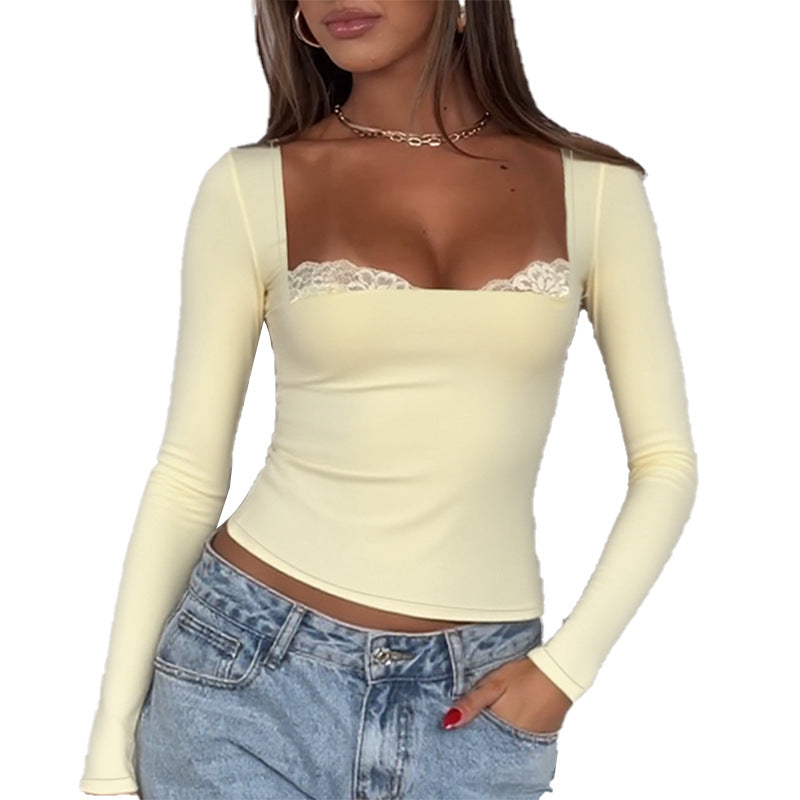Women's long-sleeve shirt with subtle lace trim and fitted cut