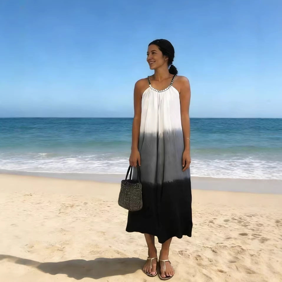 Women's maxi dress with pleated top and embellished straps