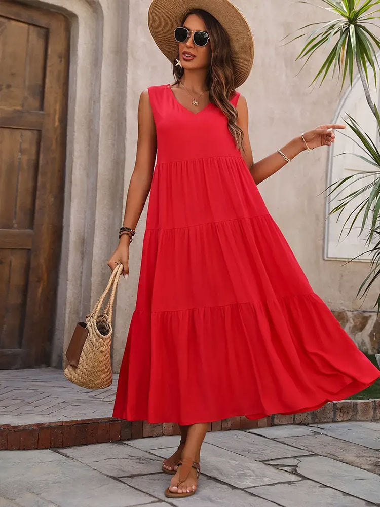 Damen Elegantes Sommer-Maxi-Kleid mit voluminösem Rock und V-Ausschnitt Lisslune