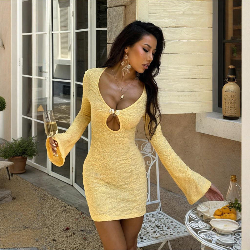 Ladies minidress with deep V-neck and refined ruffle details
