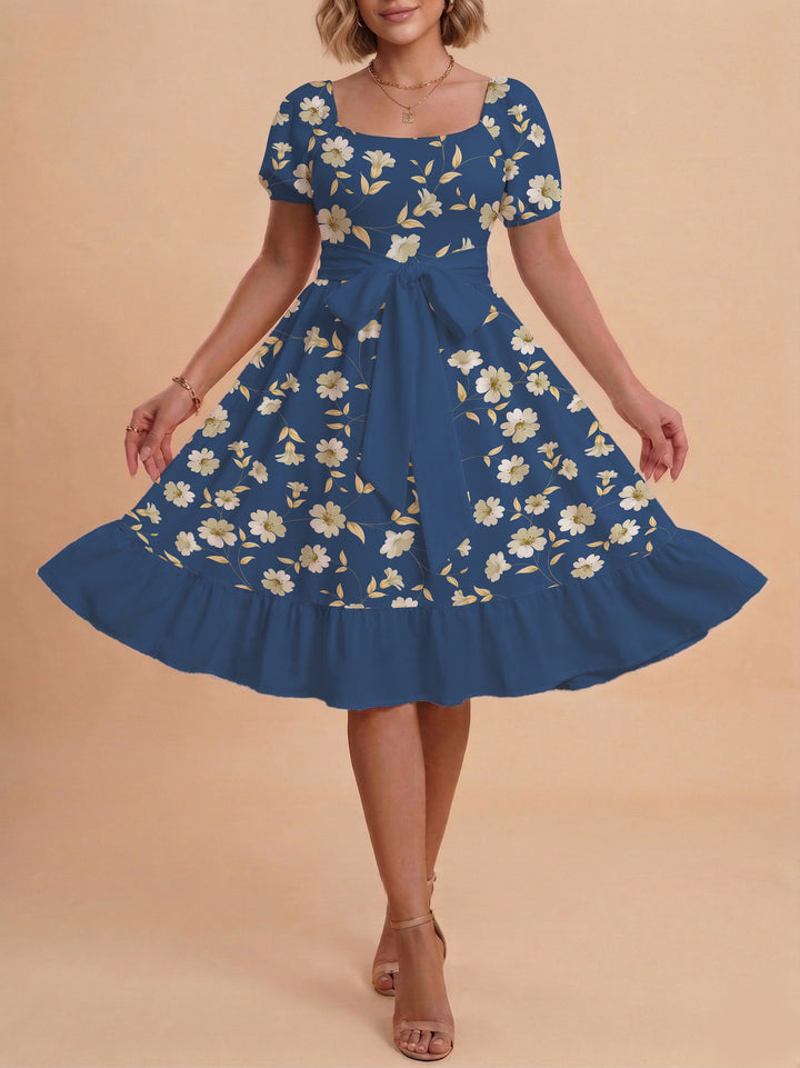 Women's Midi Dress with Elegant Floral Print and Fitted Belt Lisslune