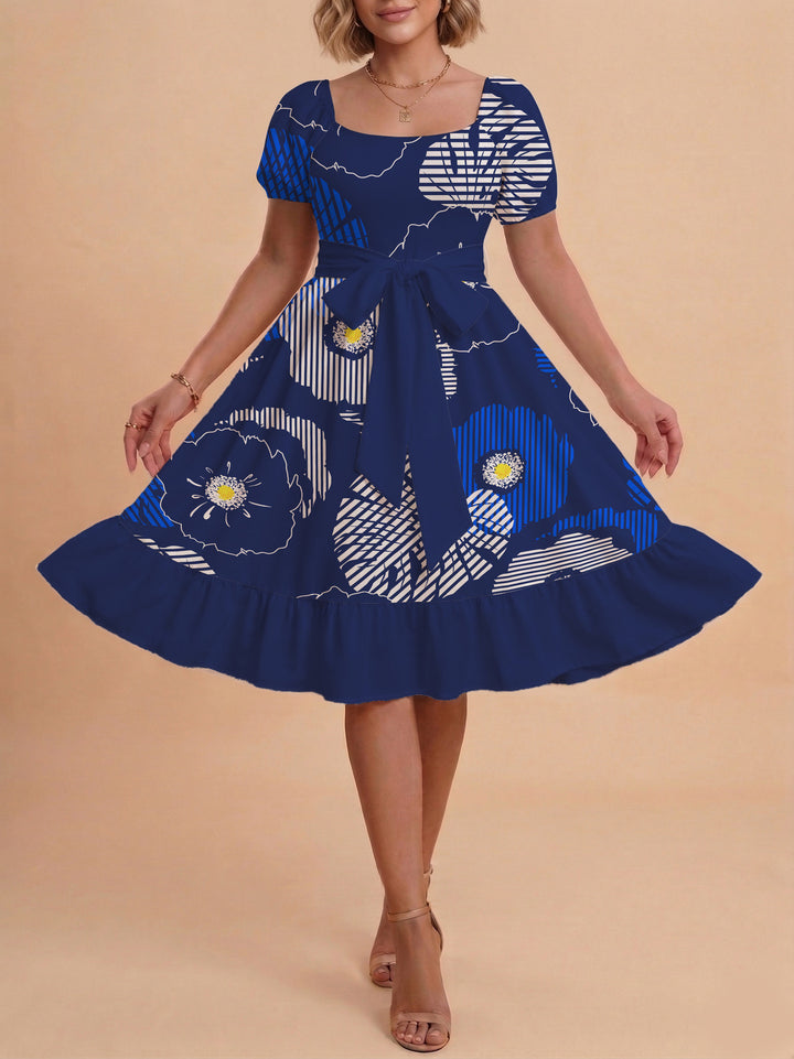 Women A-line dress with floral motifs and adjustable belt Lisslune