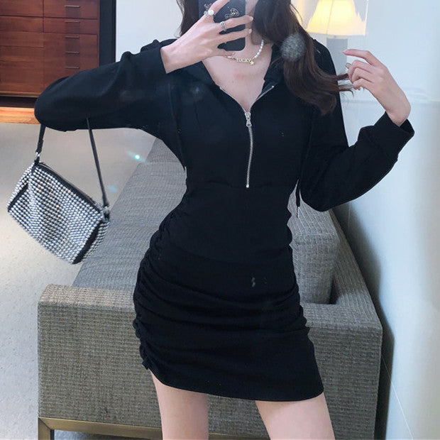 Women's hooded dress with side ruffle detail and fashionable zipper