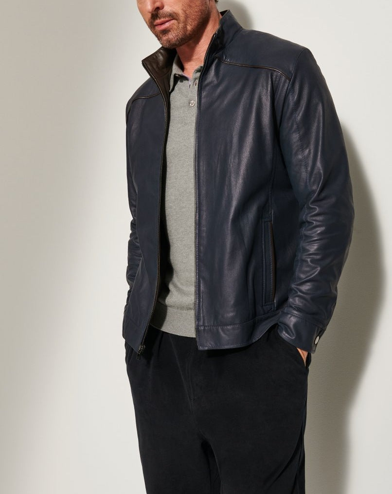 Men's leather jacket with elegant stand collar and side zippered pockets Lisslune