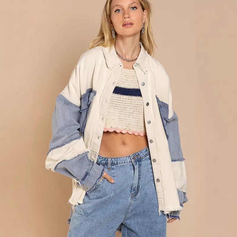 Women's Oversized Denim Jacket with Unique Color Blocks and Fringed Details Lisslune