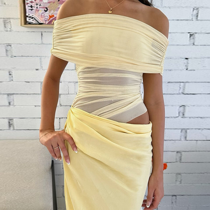 Women's Off-Shoulder Mini Dress with Figure-Hugging Ruffle Design and Asymmetrical Hem