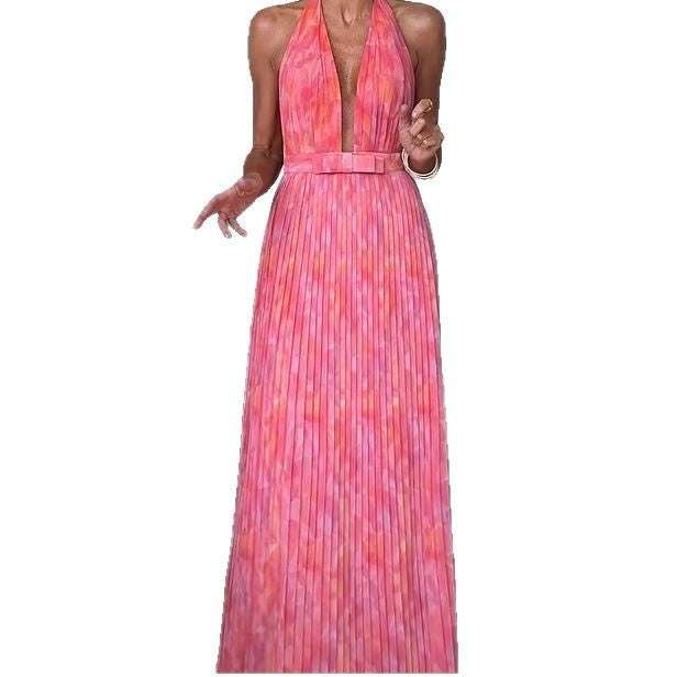 Ladies Pleated Maxi Dress with Deep Neckline and Elegant Belt