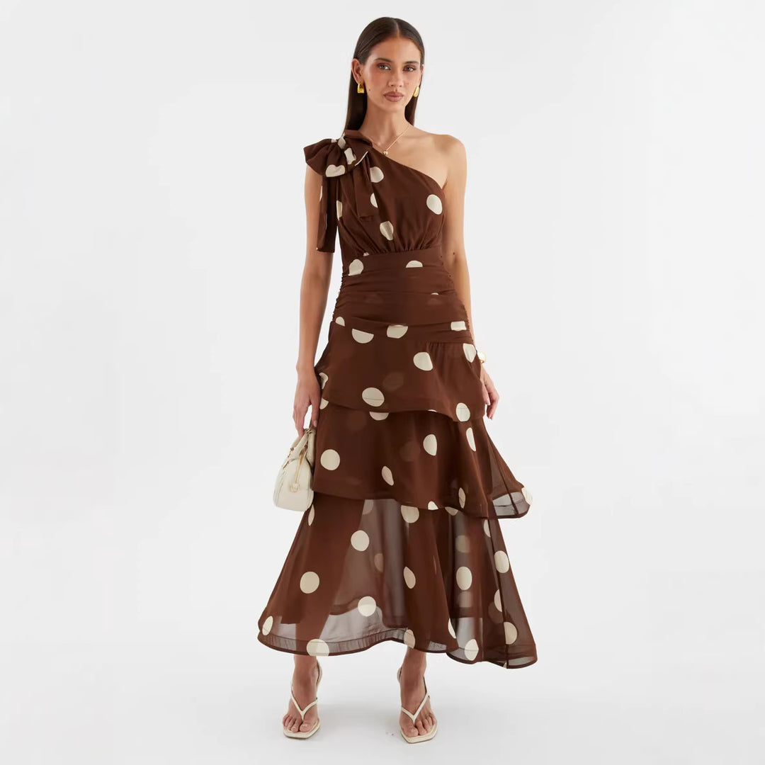 Women's maxi dress with asymmetrical shoulder design and voluminous skirt Lune London