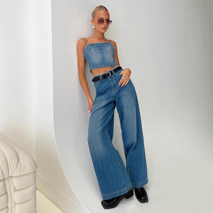Damen weite Denim-Jeans mit hohem Bund und fransigem Saum Lisslune