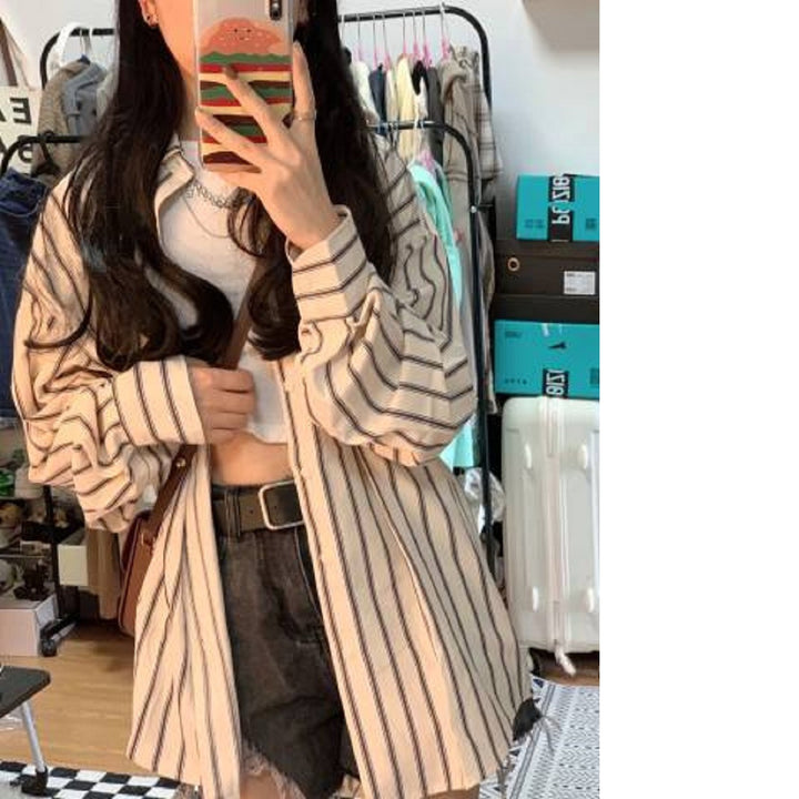 Women's striped overshirt blouse in a casual cut with oversized sleeves