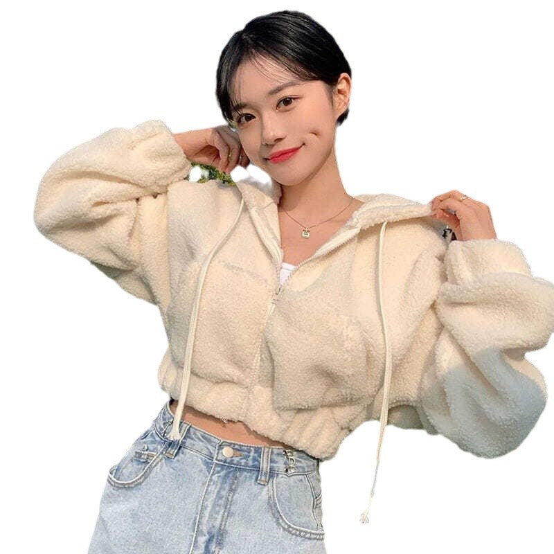 Women's cropped fleece jacket with full zip and elastic cuffs