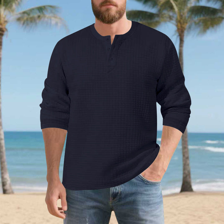 Men's Long Sleeve Henley Shirt made of comfortable waffle material with button placket Lisslune