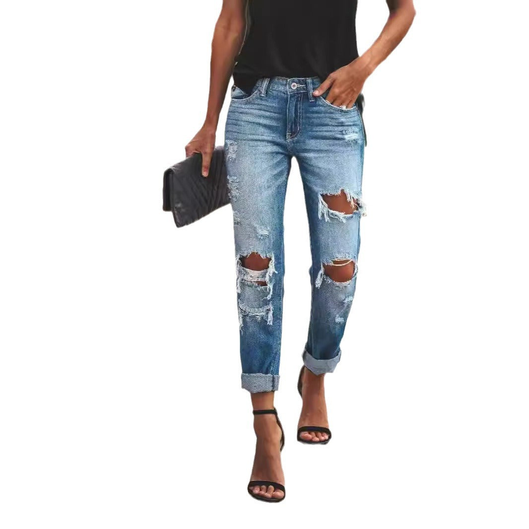Women Destroyed Boyfriend Jeans in casual style with high tear details Lisslune