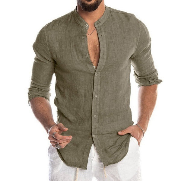 Men's linen shirt with modern stand-up collar and classic button detail Lisslune