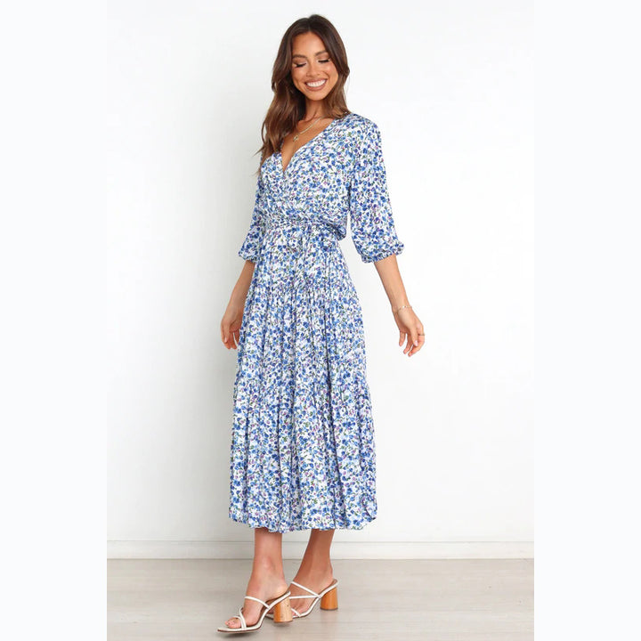Women's Summer Maxi Dress with Open Décolleté and Floral Pattern Lune London