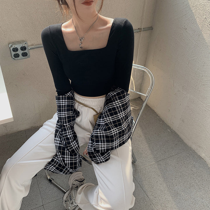 Women’s Long Sleeve Crop Top with Elegant Square Neckline and Flattering Fit